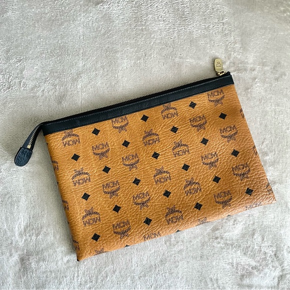 MCM cognac pouch with logos and gold zip closure - Picture 3 of 10
